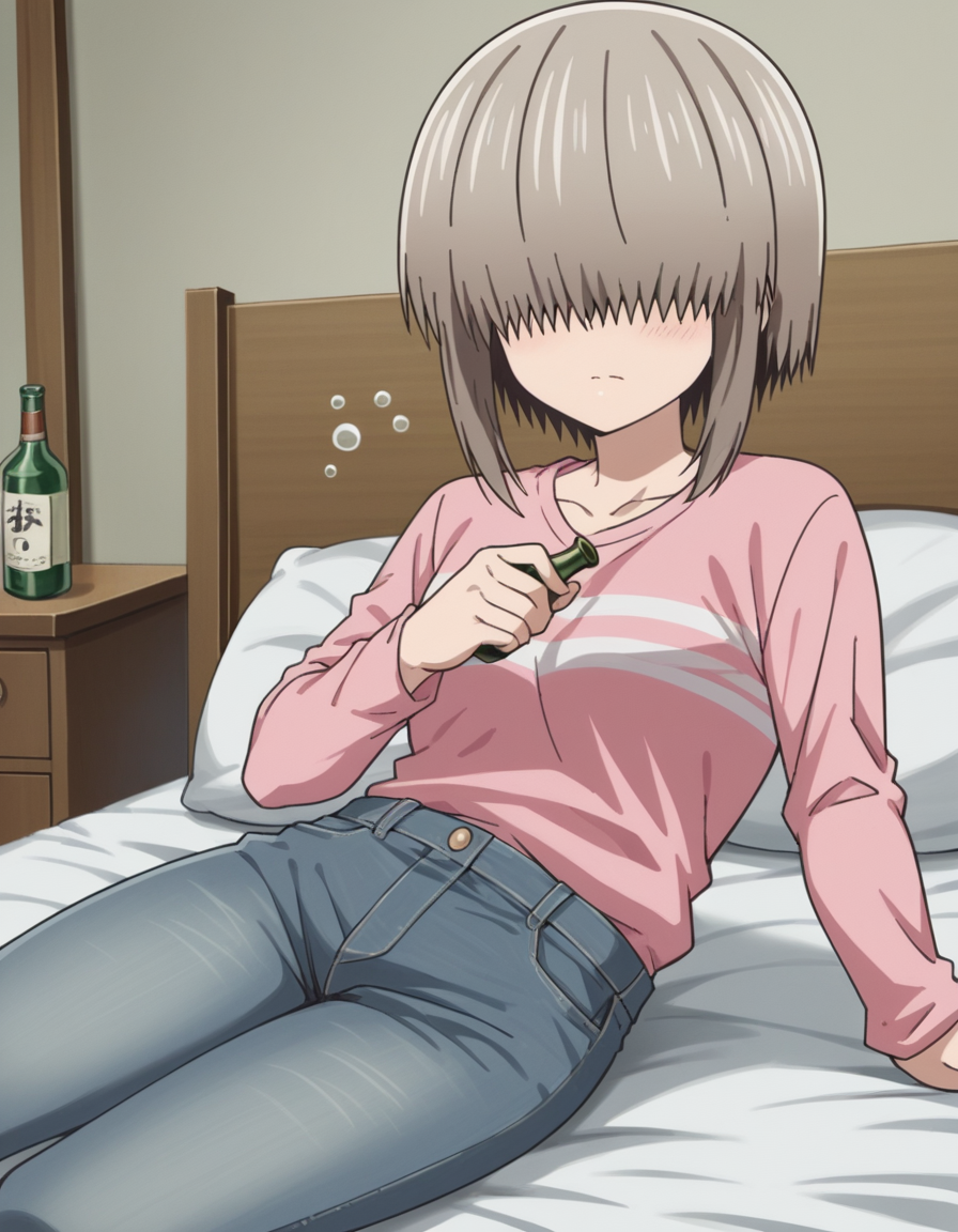 score_9, score_8_up, score_7_up, source_anime,
yanagiuzaki, <lora:yanagi-uzaki-s2-ponyxl-lora-nochekaiser:1>,
yanagi uzaki, short hair, bangs, grey hair, hair over eyes, covered eyes, long bangs, sidelocks,
shirt, long sleeves, pink shirt, collarbone, pants, denim,
indoors, bed, bed room, on side, blush, drunk,
looking at viewer, cowboy shot, solo, dutch angle,