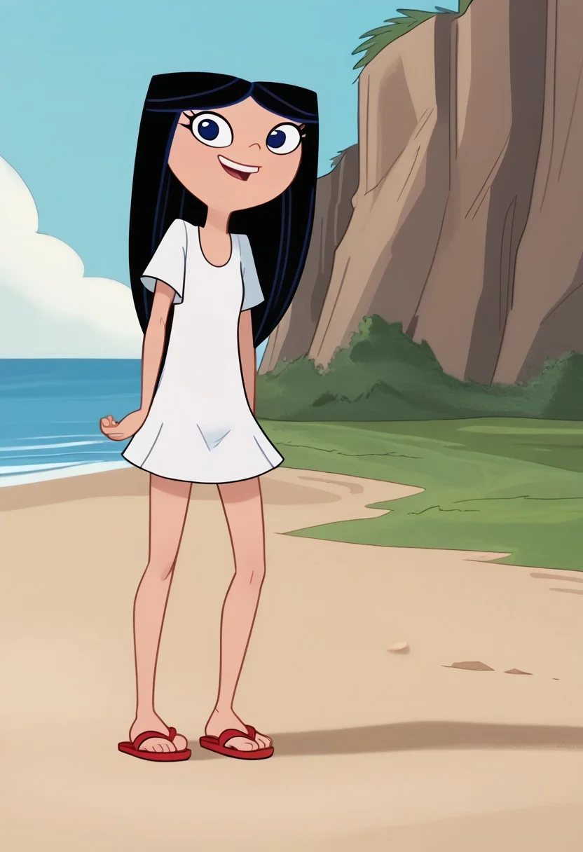 score_9, score_8_up, score_7_up BREAK IsaPF, 1girl, long black hair, dark blue eyes,
full body, barefoot, standing, perfect small flat chest natural breasts;
White beach dress, white summer dress, printed Daisy flowers, Red sandals, cute pose, outdoors, beach, water looking at viewer, flirtatious look, sultry expression,
cartoon, source_cartoon, smiling at viewer, face view, face closeup,