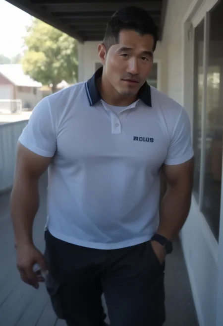 male focus,bara, muscular male, pectorals, muscular, beard, large pectorals, huge nipples, covered nipples, short hair , mature male, thick thighs , erection, arm hair, stubble, blush, thick eyebrows, looking at viewer, black hair, sideburns, chest hair, score_9, score_8_up, score_7_up, score_6_up, score_5_up, score_4_up, erected penis, (((htkangface))), East Asian face, sweaty, hairy armpits, penis through pants, heavy breathing, moaning, zoom in face, close up portrait, black cargo pants, tight white polo shirt, extreme low-cut cleavage, (((polo shirt))), exposing cleavage, holding huge packaged box with both hands in front of the main door of the house, sweaty polo shirt, erected penis