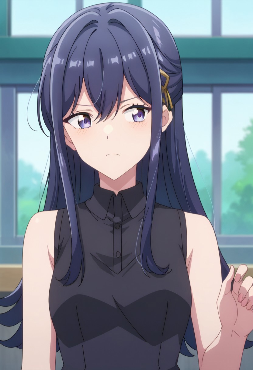 score_9, score_8, score_7, source_anime, izumi shiho, black dress, sleeveless dress, frown, hair ornament, outdoors, looking to the side, pinafore dress, hand up, depth of field, window