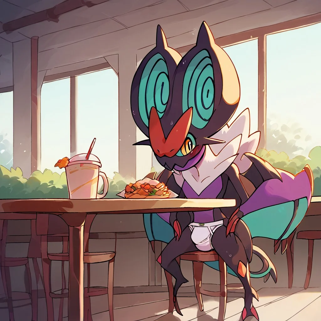 score_9, score_8_up, score_7_up, score_6_up, score_5_up, score_4_up, high quality, hires, (high quality, highres, masterpiece) (high quality, highres, masterpiece), (masterpiece,high quality,8k), source_furry, dof, full-length portrait, sc3nery, cafe, counter, table, chair, window <lora:POKEMON_NOIVERN:1> noivern, pokemon (creature), feral, wing arms, happy, purple maid dress, white socks, underwear, briefs, white underwear, white briefs, sweaty, godrays, cute