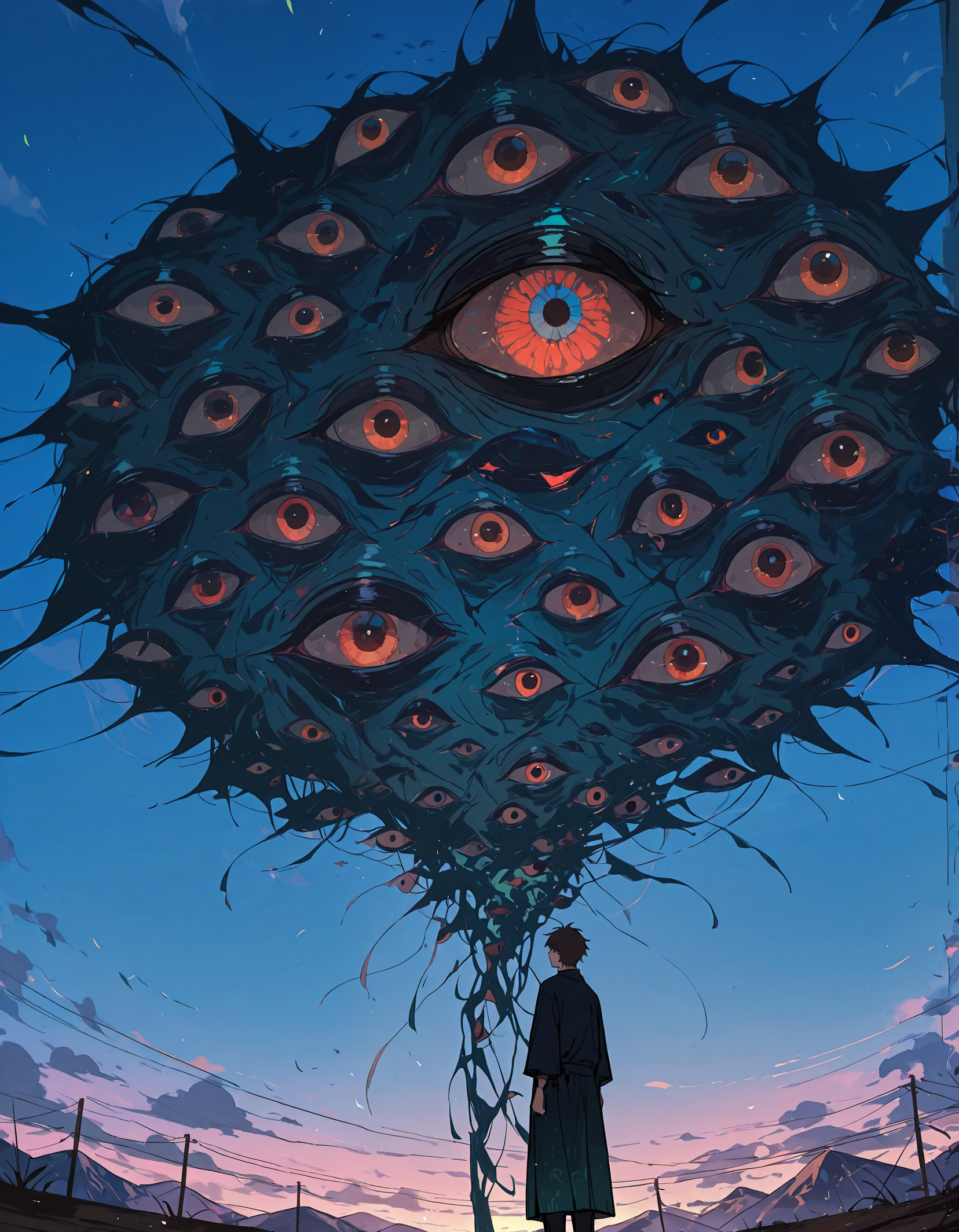 masterpiece, newest, incredibly absurdres, highres,  <lora:3Y3S_style:1>,3Y3S_illu, 3Y3S_illu, eye focus, sky, solo, outdoors, 1boy, surreal, standing, extra eyes, fish