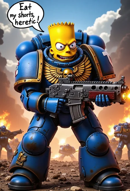 Bart Simpson, rendered in a semi-realistic yet unmistakable design, stands facing the viewer in the massive and intricate blue and gold power armor of an Ultramarine Space Marine. The armor gleams with glowing servo-lights, etched Chapter symbols, and battle-worn details, perfectly embodying the grandeur of the 41st Millennium. Instead of a helmet, Bart’s iconic spiky-haired yellow head is fully visible, his mischievous grin aimed directly at the viewer.
He wields a colossal heavy bolter, pointed forward as if mid-fire, with fiery muzzle flashes and glowing shell casings caught in motion. His bold, rebellious personality shines through as he stares down the viewer.
Above him, a bold speech bubble reads: "Eat my shorts, heretic!". The backdrop is a chaotic battlefield filled with smoke, explosions, and glowing embers, amplifying the epic and humorous contrast of the scene