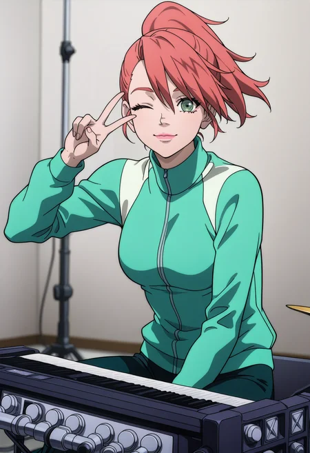 masterpiece, best quality, good quality, <lora:GTBBianca:1>, GTBBianca, 1girl, ponytail, pink hair, green eyes, pink lips, breasts,
green track jacket, dark green pants, 
sitting, v, smile, one eye closed, instrument, peace sign, hand up,
BREAK indoors, bright background,