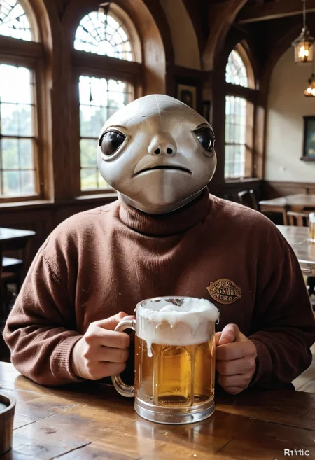 score_9, score_8_up, score_7_up, text logo "Drink Barf" 1boy, sitting at a table, indoors, by the window, afternoon, beer mug, looking at the window, brown turtleneck sweater, upper body, chill, calm, peaceful, albinauric_mask, <lora:ryth-albinauric-mask:1>