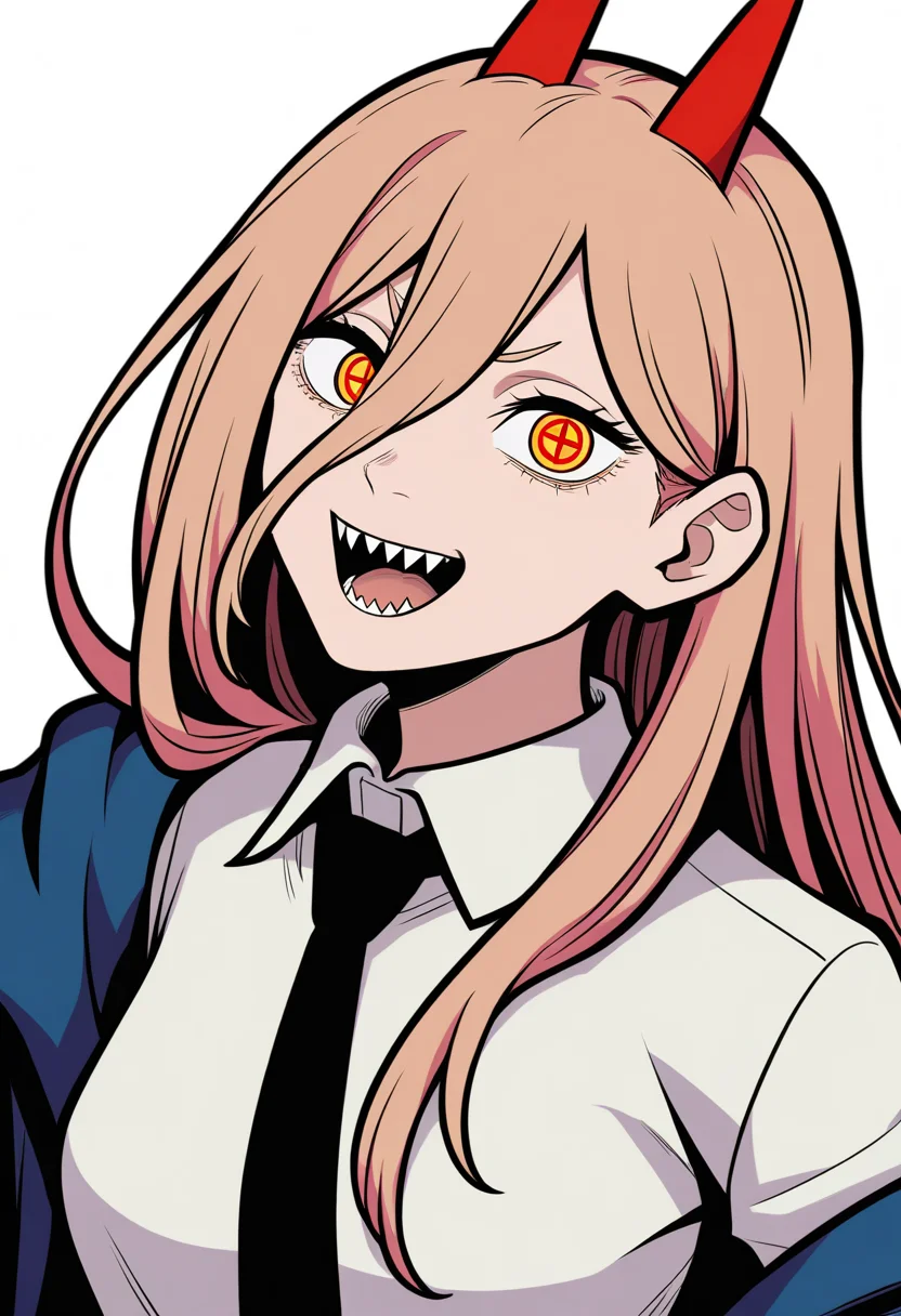 best quality, amazing quality, very aesthetic, absurdres,
BREAK
1girl, power \(chainsaw man\), pink hair, blonde hair, red horns, red eyes, cross-shaped pupils, long hair, sharp teeth, hair between eyes, symbol-shaped pupils,
collared shirt, black necktie, long sleeves,
looking at viewer, white shirt, open mouth,
simple background, white background, smile, upper body, <lora:TwewyNoobLocon_byKonan:1>