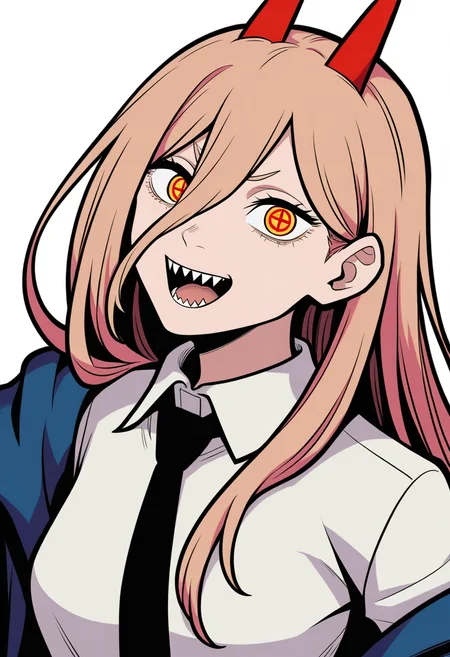 best quality, amazing quality, very aesthetic, absurdres,
BREAK
1girl, power \(chainsaw man\), pink hair, blonde hair, red horns, red eyes, cross-shaped pupils, long hair, sharp teeth, hair between eyes, symbol-shaped pupils,
collared shirt, black necktie, long sleeves,
looking at viewer, white shirt, open mouth,
simple background, white background, smile, upper body, <lora:TwewyNoobLocon_byKonan:1>