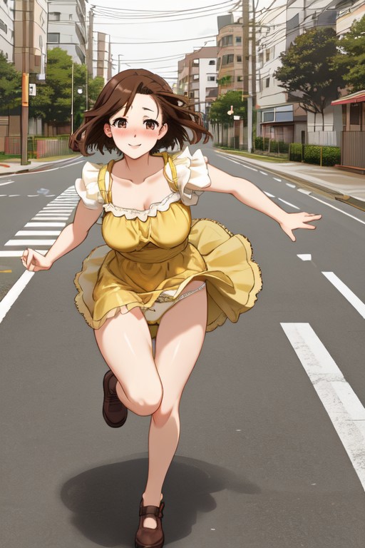 1 girl, Yumi Ohmura, brown hair, alone, smiling, brown eyes, detailed pupils, blushing, short hair, medium breasts, yellow dress, view from below, panties visible, running towards viewer, urban background, street, asphalt, sidewalks, park in background