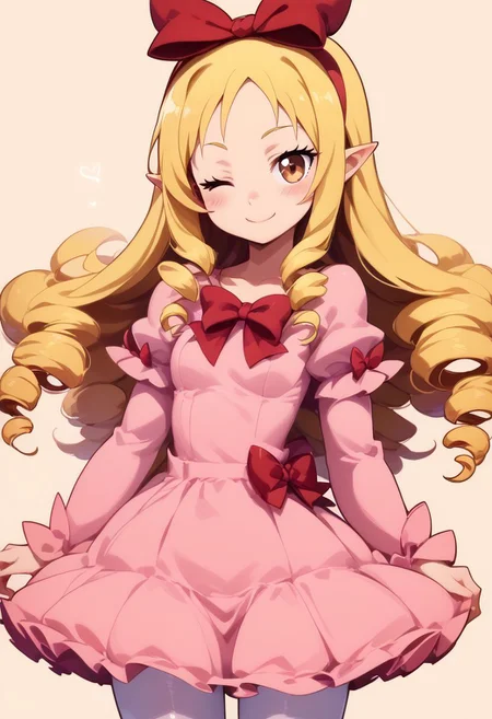 score_9, score_8_up, score_8, medium breasts, (curvy), cute, eyelashes,     
BREAK,
zzLFashion, 10s, 1girl, ;), blonde hair, blush, bow, brown eyes, dress, drill hair, eromanga sensei, hair bow, hairband, Lfashion, long hair, looking at viewer, mon0351, one eye closed, pantyhose, pink dress, pointy ears, red bow, red hairband, smile, twin drills, white pantyhose, yamada elf
zPDXL,