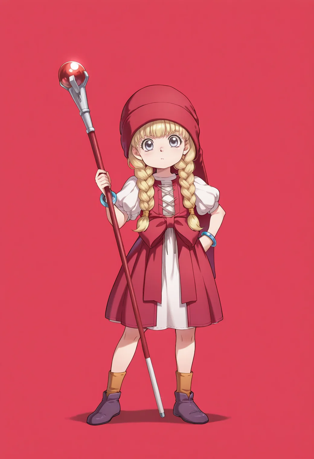 anime screencap, anime coloring,  <lora:DX888Veronica:1> veronica, blue eyes, child,  blonde hair, long hair, twin braids, hair over shoulder BREAK red headwear, red dress, puffy sleeves, waist bow, bracelet, shoes, socks,  BREAK  red  background,  dotted background,, BREAK contrapposto, fighting stance,  holding staff