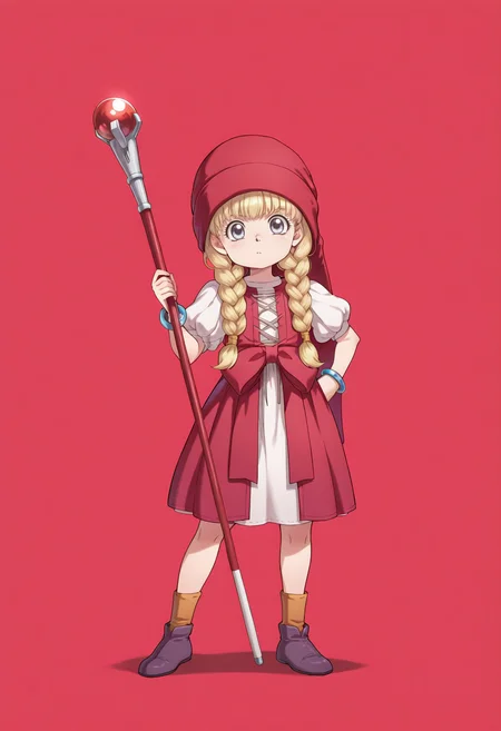 anime screencap, anime coloring, <lora:DX888Veronica:1> veronica, blue eyes, child, blonde hair, long hair, twin braids, hair over shoulder BREAK red headwear, red dress, puffy sleeves, waist bow, bracelet, shoes, socks, BREAK red background, dotted background,, BREAK contrapposto, fighting stance, holding staff