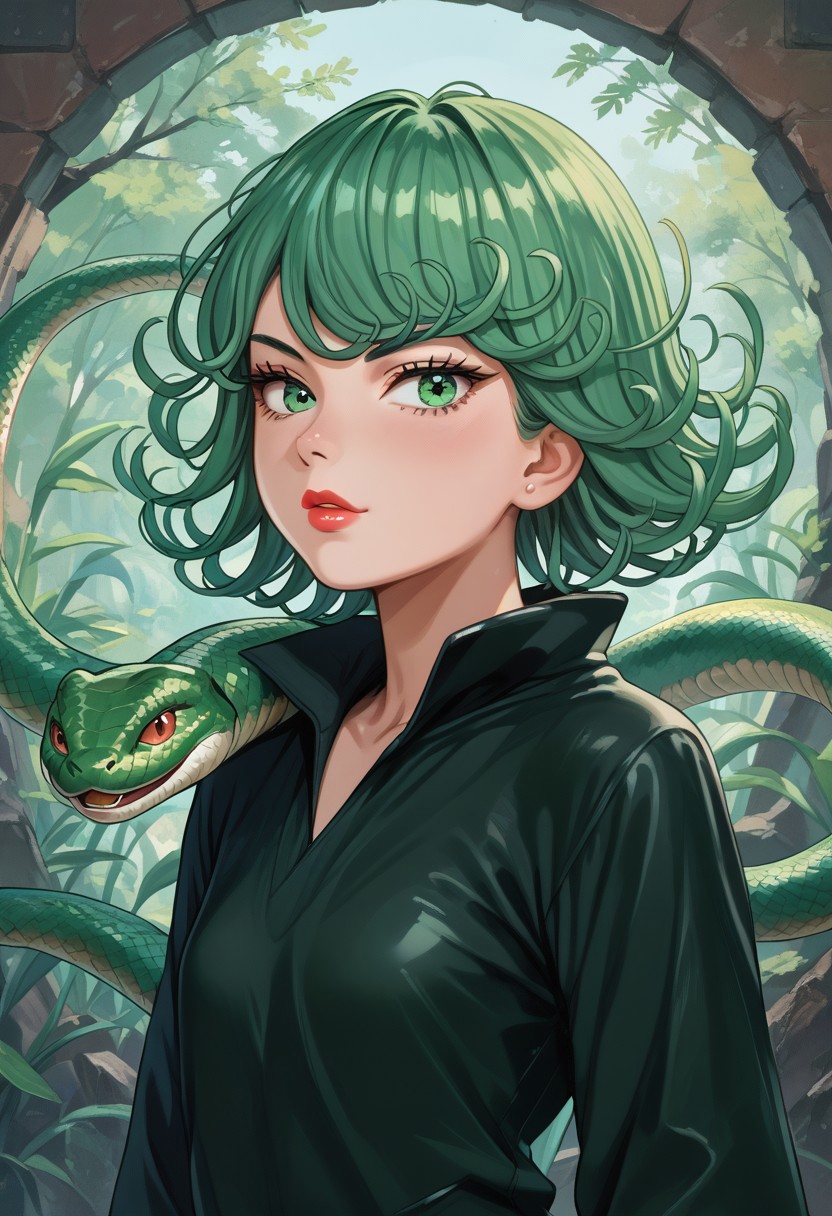 score_9,score_8_up,score_7_up,score_6_up,score_5_up,source_anime,1girl, 1girl, tatsumaki,  green eyes, saitama outfit, shortstack, looking at viewer, bald girl, 19yo, lipstick , flirty, snake, snake on shoulders, upper body view,