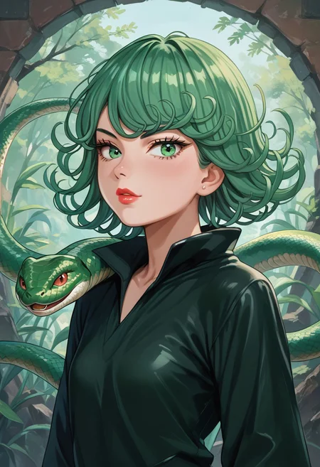score_9,score_8_up,score_7_up,score_6_up,score_5_up,source_anime,1girl, 1girl, tatsumaki, green eyes, saitama outfit, shortstack, looking at viewer, bald girl, 19yo, lipstick , flirty, snake, snake on shoulders, upper body view,