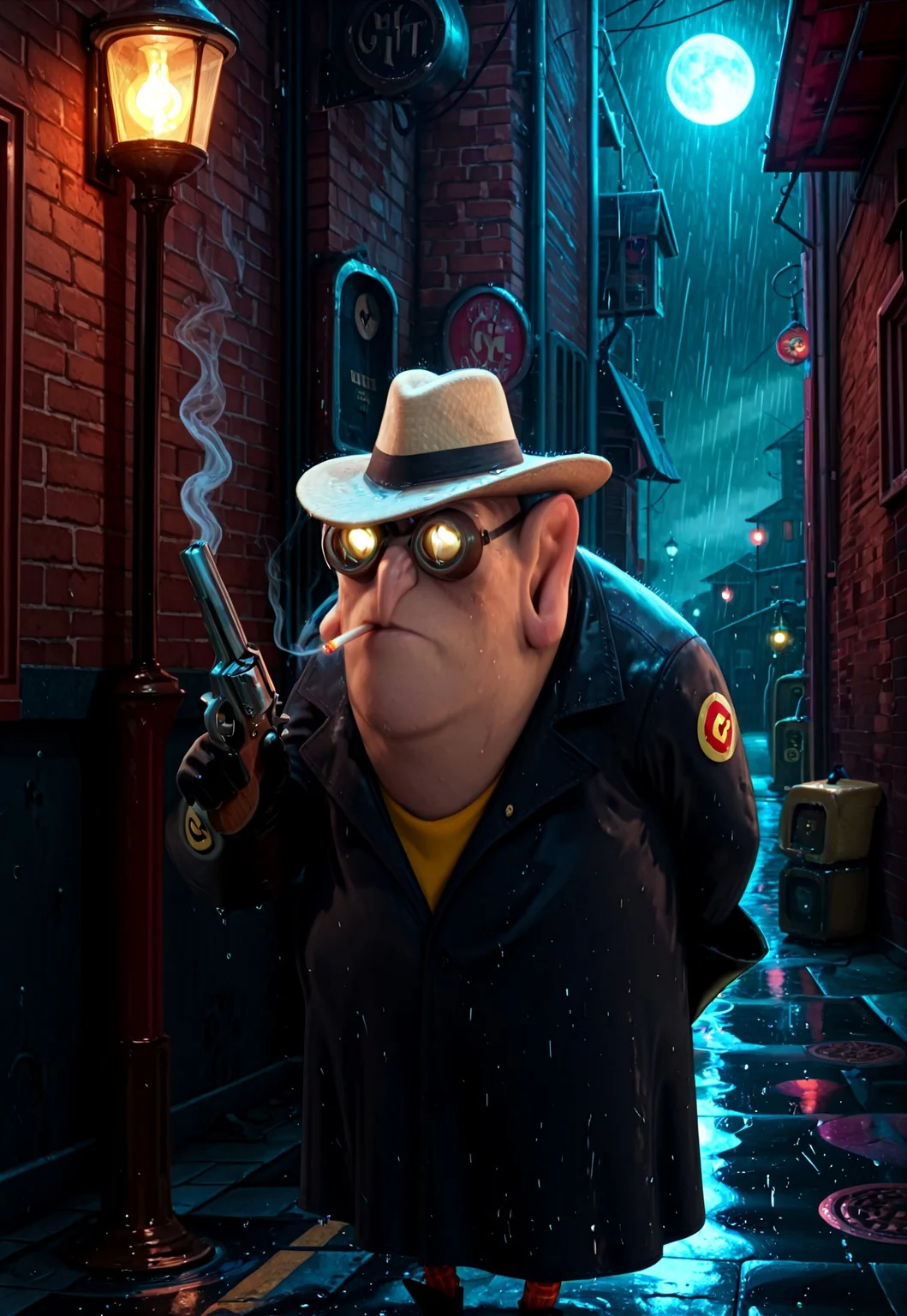 Masterpiece, best quality, absurdres, highly detailed, solo, 2d, cartoon style, 1boy, Nefario, maddoc, ggls, lbct, gloves, fedora, black trenchcoat, glowing eyes, rain, leaning on lamp post, noir style, smoking cigarette, holding revolver, downtown alley background, moon,
