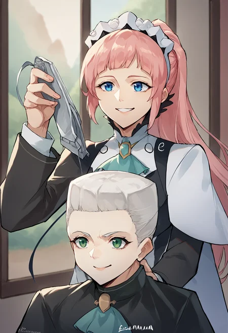 score_9, score_8_up, score_7_up, source_anime, 2girls, IncrsHaircutMeme, smile, holding, <lora:HaircutMeme_XLPD:0.45>,
BREAK <lora:felicia-fe-richy-v1_xl:1>, feliciadef, pink hair, ponytail, blue eyes, maid headdress,
BREAK <lora:elie-pdxl-nvwls-v1:1.2>, zeroElie, black hairband, hair ribbon, long hair, ascot, white hair, green eyes,