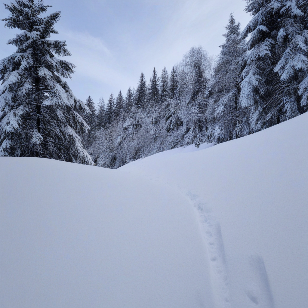 mountain, footprints, greyscale, sky, day, monochrome, snow, blue sky, forest
