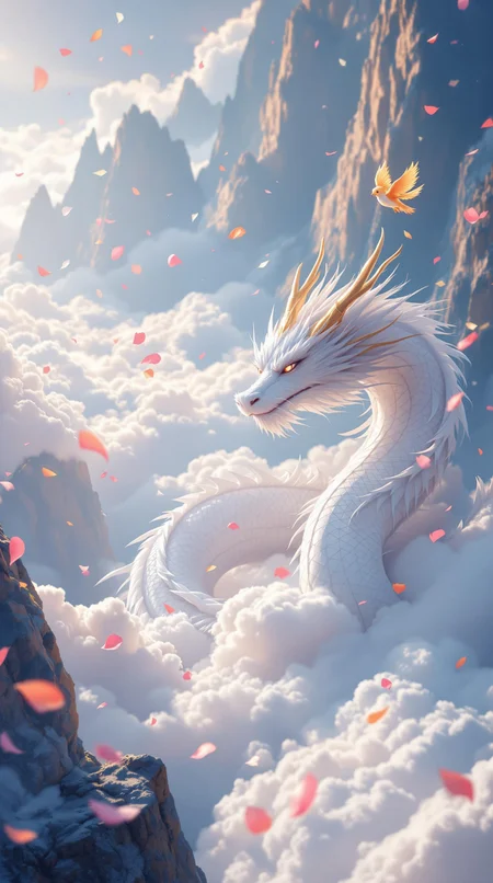A relaxing bright scene, With the grace of a timeless legend, a white-scale dragon winds its way through the vast expanse of ancient mountains, its shimmering golden horns and flowing mane catching the light of the soft sun. , a cute phoenix flying around the dragon, peacefully enjoying. Vibrant petals falling around it, with a ocean of clouds in the background. The atmosphere is serene yet adventurous, with soft lighting and high contrast that bring the whimsical, above clouds world to life. Intricate textures and subtle light add to the heavenly, immersive feel. 3d render, cgi, unreal engine 5, 8k ultra hd.