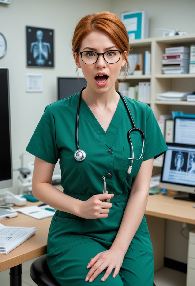 (medium full shot) of  (vivacious doctor) young woman, thai, fair skin, light brown eyes, busty build, short ginger hime cut hair,  wearing a green button-up shirt, dress pants, loafers, eyeglasses, set in  Operating Room, Surgeon Station, Organized workstation with a computer monitor displaying patient records, ergonomic chair for comfortable seating, shelves filled with medical reference books, a whiteboard for surgical planning, a phone for communication with the surgical team, woman surprised, open mouth, pointing her finger at the viewer, Masterpiece,best quality, photo, realistic, very aesthetic, detailed face,