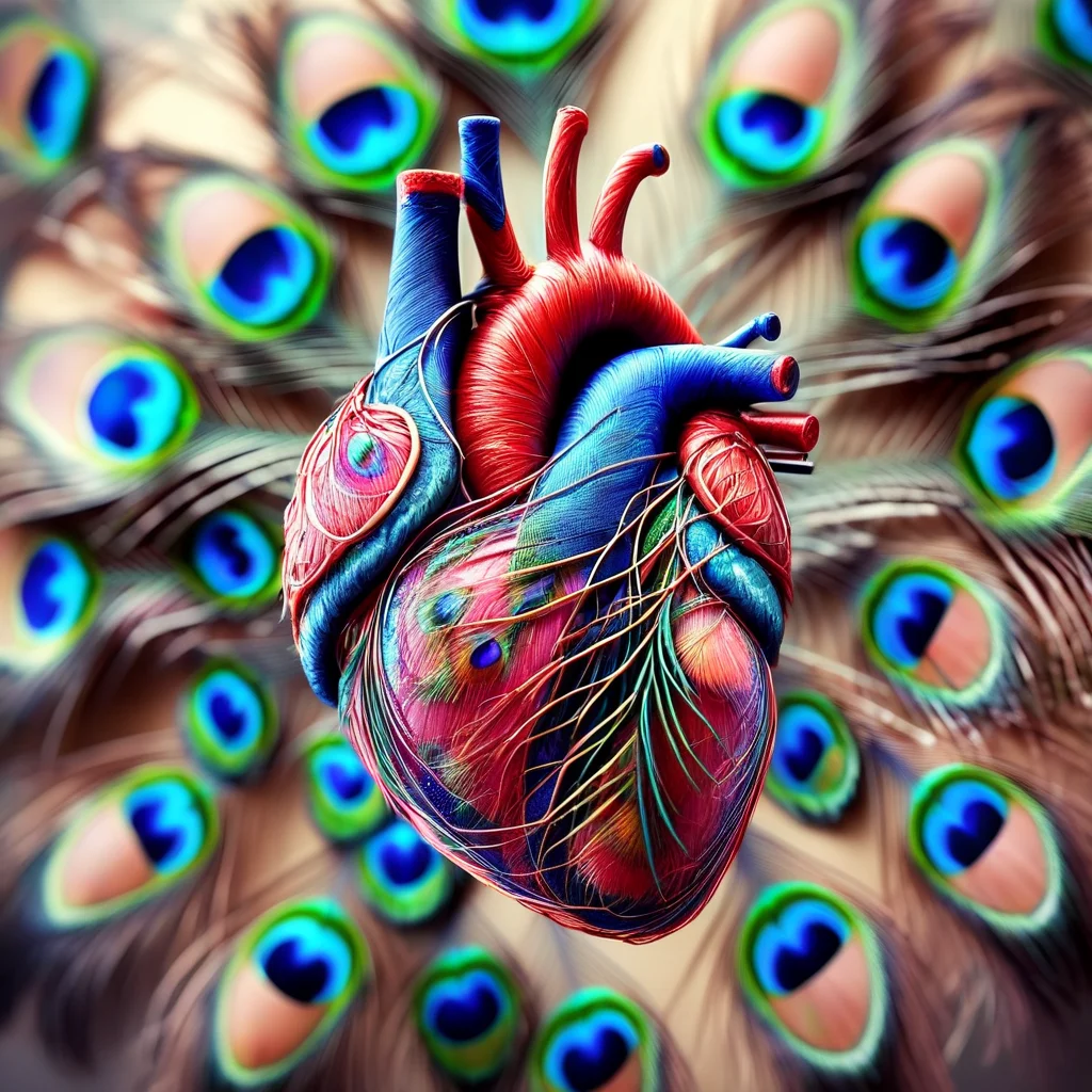 pavolaris human heart with peacock feathers, professional photo, expressive, detailed, sharpened, cinematic<lora:pavolaris:1>