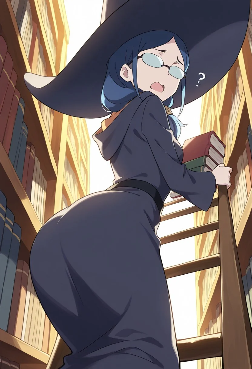 masterpiece,best quality,amazing quality,, score_9, score_8_up, score_7_up, soft lighting, dramatic lighting, (backlighting:1.7), 1girl, solo, LWAursula, blue hair, long hair, side ponytail, (opaque glasses:1.2), dress, looking at viewer, o-shaped mouth, open mouth, small mouth, ?, raised eyebrows, perfect body, sexy pose, looking back at viewer, witch, witch hat, library, bookshelves, books, flying sweatdrops, dynamic angle, from below, ass, (climbing ladder, sorting books, sorting bookshelf, holding book:1.1)
