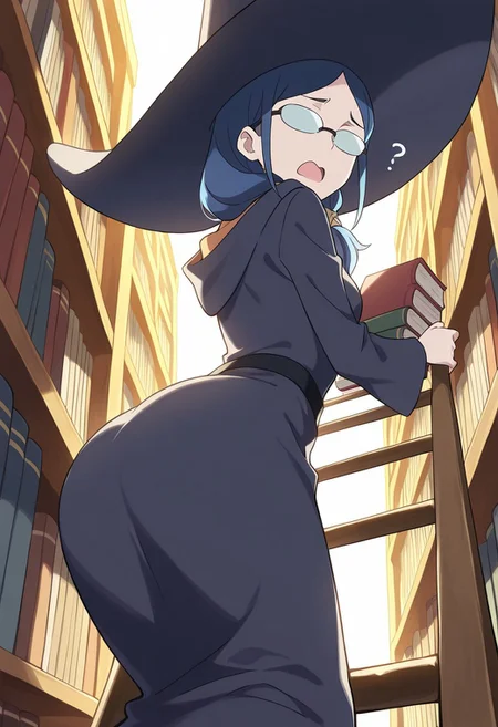 masterpiece,best quality,amazing quality,, score_9, score_8_up, score_7_up, soft lighting, dramatic lighting, (backlighting:1.7), 1girl, solo, LWAursula, blue hair, long hair, side ponytail, (opaque glasses:1.2), dress, looking at viewer, o-shaped mouth, open mouth, small mouth, ?, raised eyebrows, perfect body, sexy pose, looking back at viewer, witch, witch hat, library, bookshelves, books, flying sweatdrops, dynamic angle, from below, ass, (climbing ladder, sorting books, sorting bookshelf, holding book:1.1)