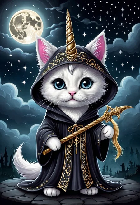 Let's craft a striking and unique t-shirt design featuring a unicorn kitten donning an eerie reaper costume, blending cuteness with a touch of mystique. Envision a fluffy, adorable kitten with a shimmering unicorn horn protruding from its forehead, embodying a sense of innocence and wonder. The kitten is cloaked in a flowing, dark robe reminiscent of the iconic reaper's attire, adorned with intricate, ethereal designs that catch the light in subtle, eerie ways. Its eyes gleam with a hint of otherworldly wisdom, contrasting with its playful, feline features. Tiny, delicate reaper's scythe motifs adorn the robe, adding a sinister yet charming element to the design. The background sets a haunting yet enchanting scene, with a moonlit sky swirling with mystical clouds and twinkling stars, casting an atmospheric glow. This captivating blend of cute and ominous elements creates a captivating t-shirt design that is sure to turn heads and spark intrigue.