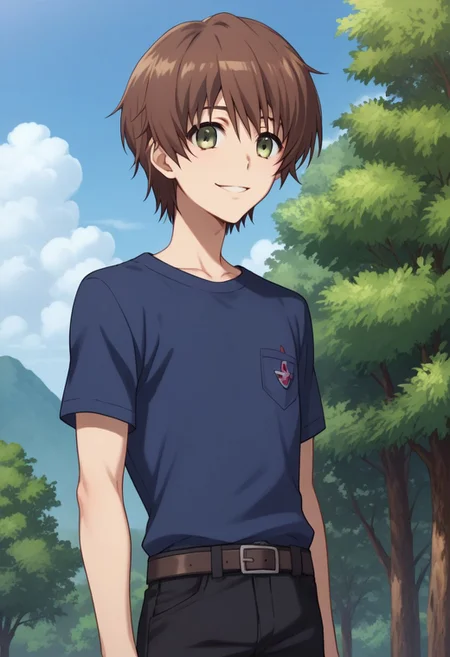 score_9, score_8_up, score_7_up, source_anime, highly detailed,
yuyamochizuki, 1boy, male focus, solo, brown hair, short hair, green eyes, upper body, short sleeves, bangs, pocket, smile, t-shirt, belt, pants, black pants,
outdoor, sky, tree