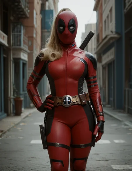 <lora:Lady_Deadpool:1> lady_deadpool, female, solo, bodysuit, masked, hand on hips, sexy, perfect waist, belt, slim, thick thighs, score_9, score_8_up, score_7_up, score_6_up, (ultra sharp focus)