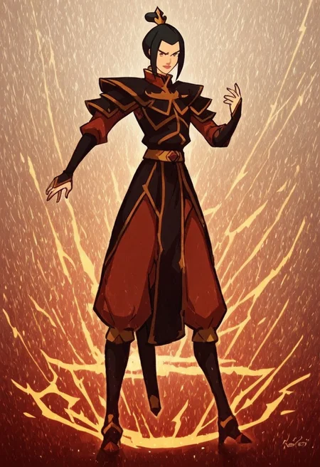 Azula, the fierce and cunning firebender, stands confidently at the center of the scene, wielding a bolt of lightning in her hand. Her eyes are sharp and intense, reflecting her unwavering determination and strategic mind. She is dressed in her traditional Fire Nation armor, which glows with shades of deep red and black, accented by golden details. Her long, dark hair flows behind her like a trail of smoke, subtly moving as if stirred by an unseen breeze. The background is a dramatic, volcanic landscape under a blood-red sky, with molten lava flowing across jagged rocks and plumes of dark smoke rising into the air. Blue flames dance around her, highlighting her unique firebending abilities and adding a contrasting, electric blue hue to the predominantly warm color palette. The atmosphere is charged with tension and raw power, as Azula embodies the dangerous and unpredictable force of fire and lightning. Her stance is both regal and intimidating, conveying a sense of control and command over the elements she wields. The image should be rendered in maximum ultra-high-definition quality, with detailed textures and ultra-realistic lighting to capture the glow of the flames, the sharpness of the lightning, and the intensity of the scene. The special effects should emphasize the crackling energy of the lightning and the heat of the flames, creating a dynamic 8K high-definition image with realistic lighting to enhance the dramatic and powerful atmosphere.