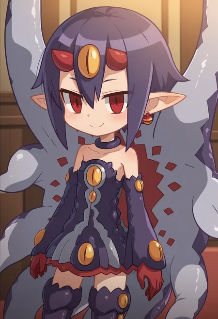 score_9, score_8_up, score_7_up, score_6_up, score_5_up, score_4_up, rating_safe, anime coloring ,BREAK source_anime, anime,screencap,
1girl, solo, desco, chibi, detached sleeves, earrings, purple thigh boots, purple dress, tentacles, jitome, purple choker, purple tail, red gloves, <lora:PonyXL Desco V1:1>
indoors,smile, looking at viewer, pov,