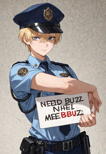 holding sign with text "need buzz", a  (blonde-hair with handsome boy,)police uniform, cool pose,delicate brushwork,masterpiece, best quality, very aesthetic