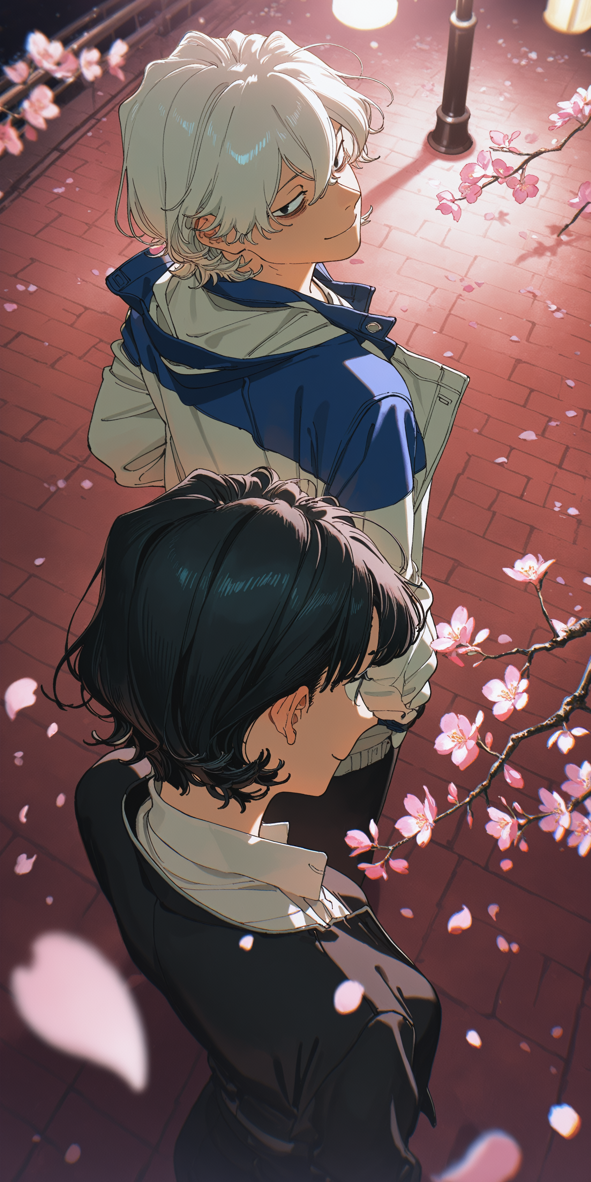 masterpiece, best quality, absurdres, safe
1boy, toshiro kamiya, short hair, black eyes, white hair, sanpaku, bags under eyes, hair between eyes, smile,
standing, from behind, from above, looking back,
[dappled sunlight:(night,:1.6) (lamppost:1.2) :0.2], blue jacket, white shirt, white jacket
artist:konya karasue, artist:yoneyama mai, chromatic aberration, branch, leaf, flower, petals, (blurry foreground:1.0)
BREAK
masterpiece, best quality, absurdres, safe
1girl, yomiko hourai, black hair, short hair, black eyes, (smile:1.1),
standing, from behind, from above,
[dappled sunlight:(night:1.6) :0.2], white shirt,
artist:konya karasue, artist:yoneyama mai, chromatic aberration, branch, leaf, flower, (petals:1.6), (blurry foreground:1.0)
 <lora:fool_night_il_1_d16:1>