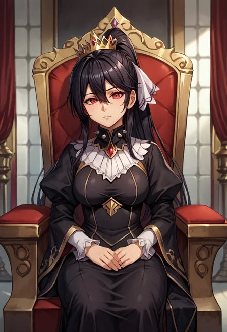 score_9, score_8_up, score_7_up, score_6_up, score_5_up, score_4_up, detailed, intricate details, source_anime, , (best quality) , (highly detailed) ,((masterpiece)), ((best quality)), (ultra-detailed), ((extremely detailed)), (high resolution), 4K, (8K), best quality, (beautiful), (dynamic lighting), (super detailed skin), sharp focus, (1_girl, solo focus), score_9,score_8_up,score_7_up,anime coloring BREAK source_anime,anime, theresia (hortensia saga),  long hair, hair between eyes, black hair, red eyes, sidelocks,  , ponytail, hair ribbon, Crown, veil, spiked collar, black dress, sitting, bored, indoors, throne, royal throne,
 detailed eyes、detailed face and detailed skin <lora:add-detail-xl:1.0>