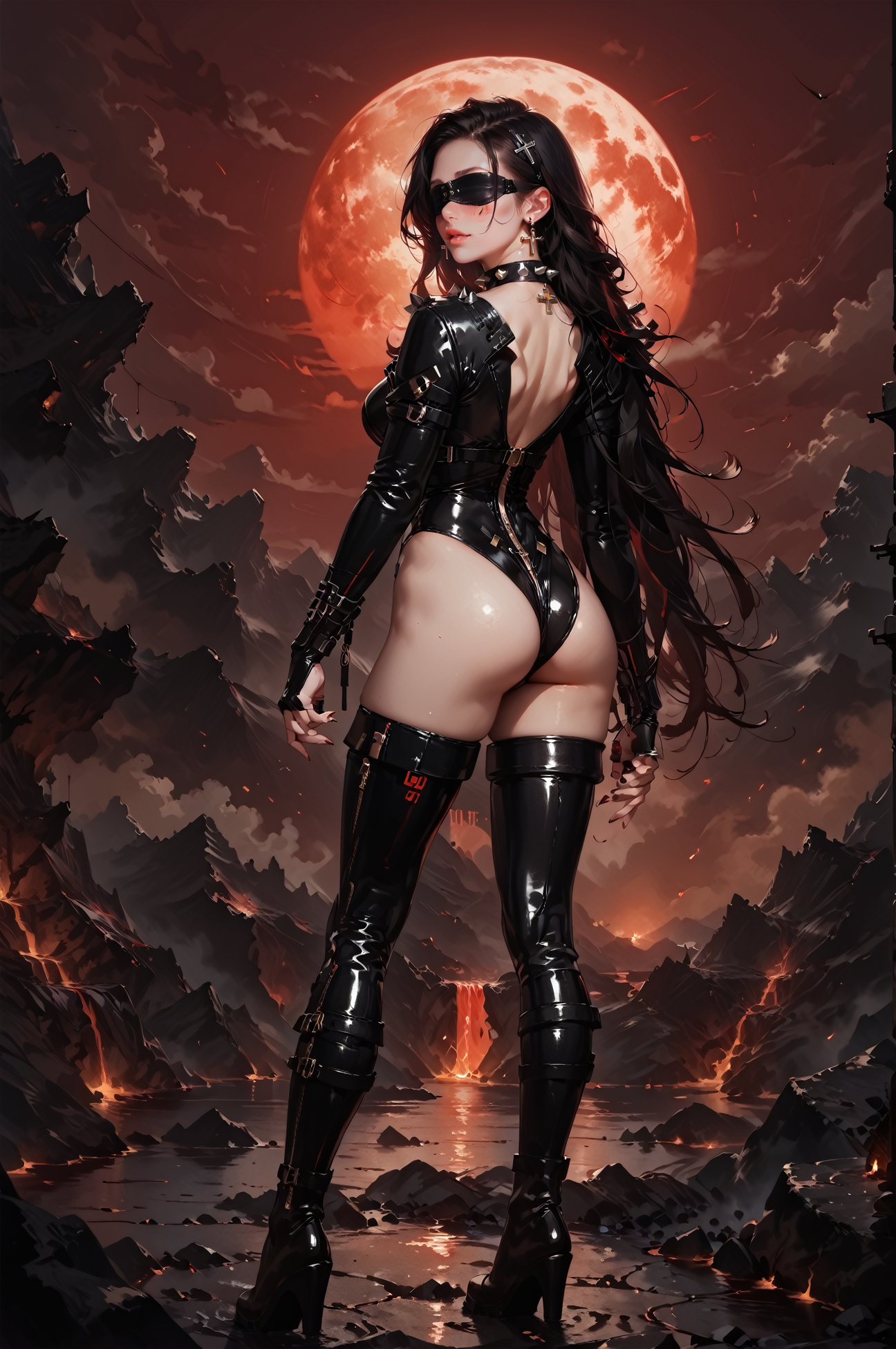 score_9, score_8_up, score_7_up, score_6_up,rating_questionable, 1girl,from the back, looking back, standing on a mountain peak, volcanic eruption, lava flowing, dark mountains, mordor, red sky, red clouds, red moon,  (illustration), looking at viewer, fantasy theme, dynamic posing, stunning details, dark theme, long hair, earrings, wearing (blindfold:1.3),<lora:LOAS3l34pXL:0.7> LOAS3l34pXL, leotard, latex, garter, thighhigh boots, spiked choker, gold buckles,  <lora:sinfully_stylish_SDKL:0.5> <lora:Concept Art DarkSide Style LoRA_Pony XL v6:0.8> ,dark theme, low light, concept art, realistic, <lora:Expressive_H:0.5> Expressiveh