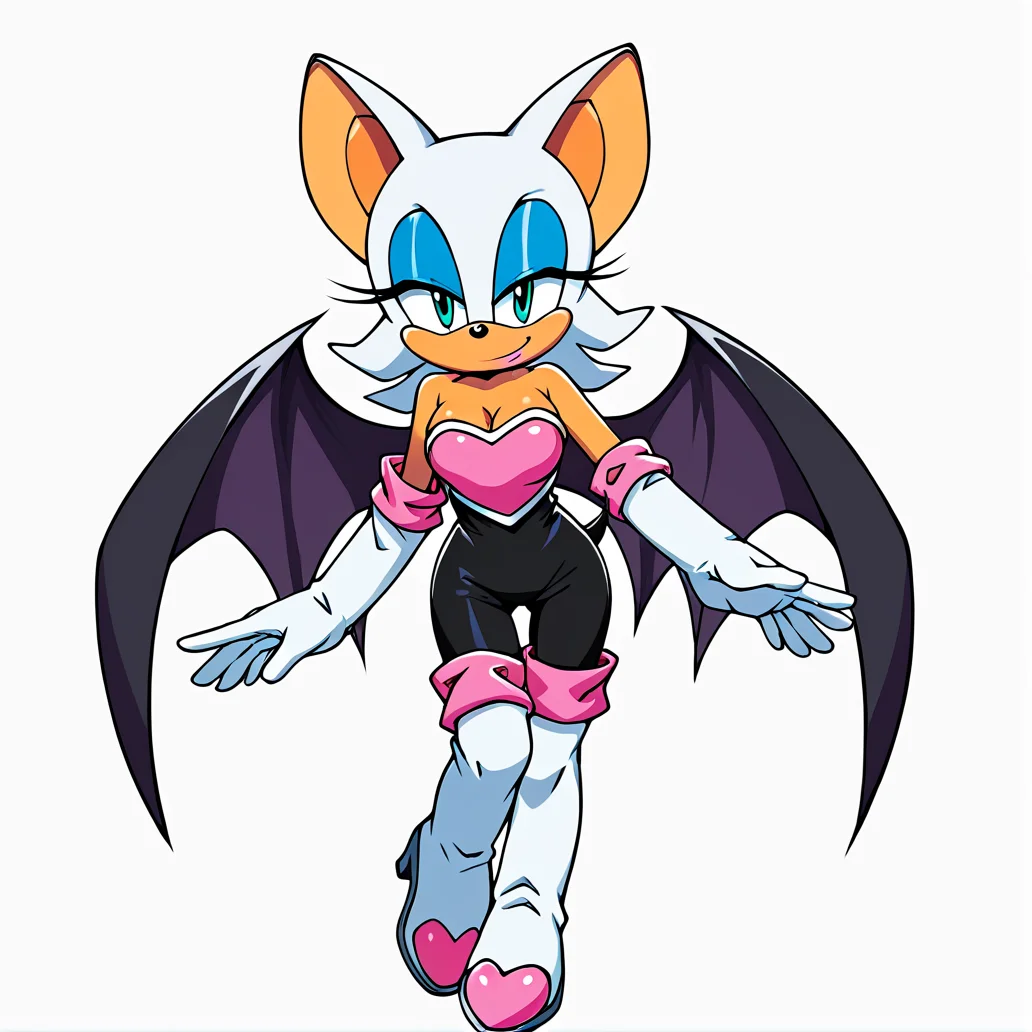 score_9, score_8_up, score_7_up, score_6_up, score_5_up, score_4_up, BREAK, <lora:Rouge_the_bat:1>, 1girl, solo, breasts, looking at viewer, smile, simple background, thighhighs, gloves, white background, animal ears, cleavage, bare shoulders, medium breasts, closed mouth, standing, tail, full body, heart, boots, wings, elbow gloves, white gloves, aqua eyes, eyelashes, bodysuit, makeup, thigh boots, half-closed eyes, happy, white footwear, bat wings, outstretched arm, lipstick, furry, eyeshadow, black wings, furry female, black bodysuit, body fur, animal nose, blue eyeshadow, bat ears, Rouge the bat