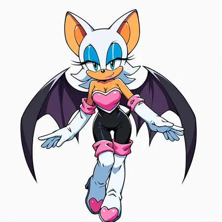 score_9, score_8_up, score_7_up, score_6_up, score_5_up, score_4_up, BREAK, <lora:Rouge_the_bat:1>, 1girl, solo, breasts, looking at viewer, smile, simple background, thighhighs, gloves, white background, animal ears, cleavage, bare shoulders, medium breasts, closed mouth, standing, tail, full body, heart, boots, wings, elbow gloves, white gloves, aqua eyes, eyelashes, bodysuit, makeup, thigh boots, half-closed eyes, happy, white footwear, bat wings, outstretched arm, lipstick, furry, eyeshadow, black wings, furry female, black bodysuit, body fur, animal nose, blue eyeshadow, bat ears, Rouge the bat