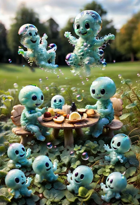 tiny little aliens having picknick with tiny cute llittle ghosts, made_of_bubbles