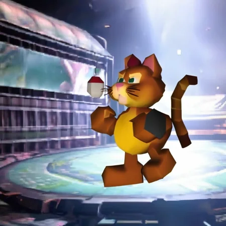 a game of Garfield the cat searching for lasagna and exploring the open world<lora:ff7 style:1> ff7og style, extremely detailed and gorgeously designed retro character model and world, 3d chibi, 64-bit, amazing game composition, cinematic lighting