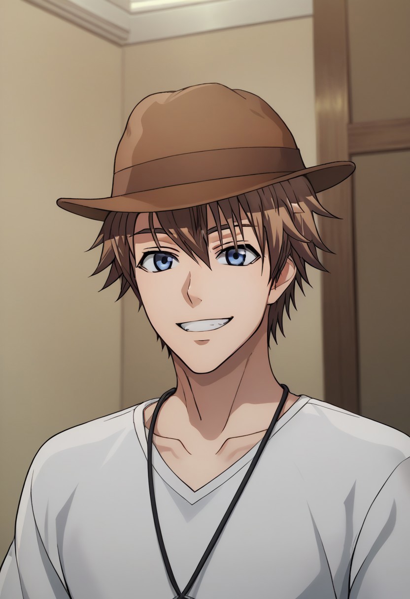 score_9, score_8_up, score_7_up, source_anime, highly detailed,

yuto, 1boy, male focus, solo, brown hair, hair between eyes, blue eyes, collarbone, shirt, t-shirt, short sleeves, white shirt, hat, brown headwear,

upper body, smile, grin

indoor, 