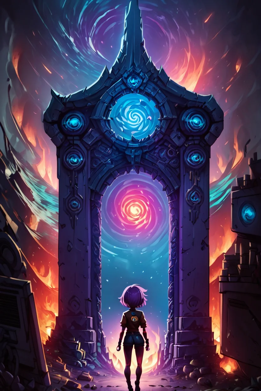 score_9, score_8_up, score_8, ,,, zzNetherPortal, 1girl, solo, short hair, standing, purple hair, short sleeves, shorts, from behind, fire, facing away, short hair, shirt, 1boy, purple hair, short sleeves, pants, from behind, torn clothes, rubble, ,<lora:NetherPortalPDXL_v2:1.0>, ,,, smile, looking at viewer, ,,, embedding:zPDXL, <lora:SDXLFaeTastic2400:0.5>,