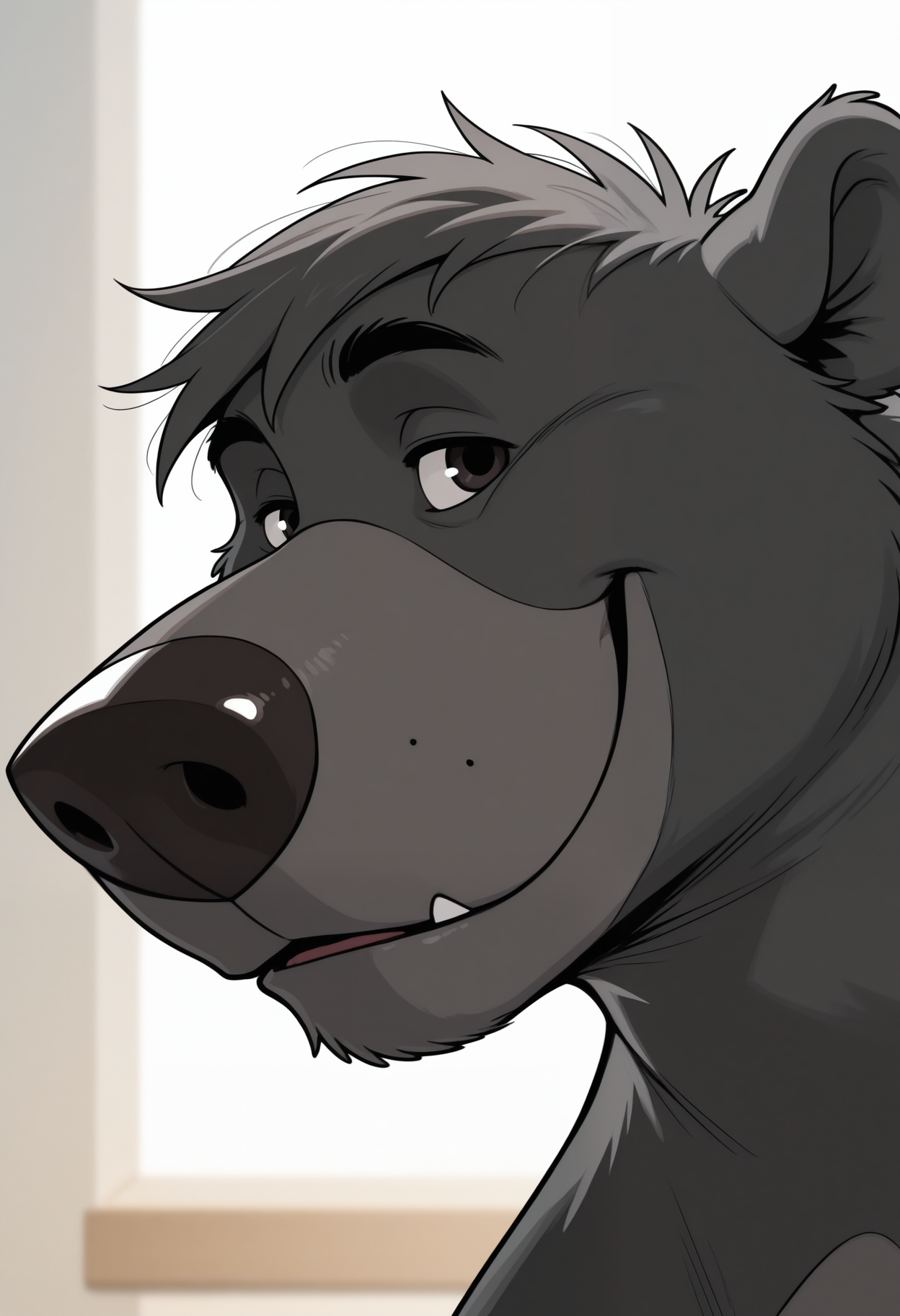 masterpiece,best quality,amazing quality, 1boy, solo, b4l00, bear, grey fur, close up, side angle, looking at viewer, smile,