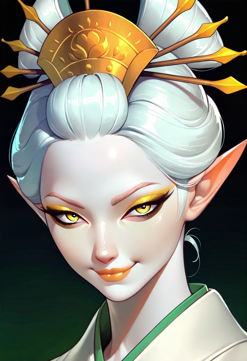masterpiece, best quality, newest, absurdres, highres, ArcaneEyes-IL, eye focus, 1girl, Elf, Sorcerres, white skin, white hair, yellow eyes, (asian:1;3), (asian female;1;3), oiran, mature, mature woman, friendly smile, royal, regal, noble, eyeshadow, mascara