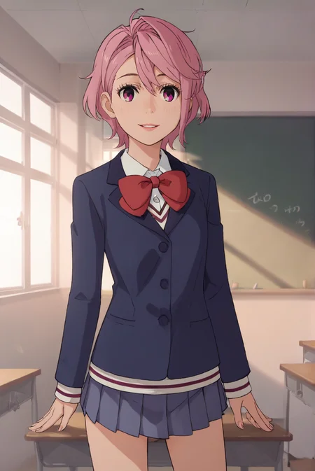 score_9, score_8_up, score_7_up, score_6_up, score_5_up, score_4_up, BREAK source_anime, 1girl, solo,
<lora:AiraShiratoriXL-v1-07:0.7>, ChopioAira, short hair, pink hair, swept bangs, hair between eyes, lips, pink eyes, looking at viewer,
small breast, narrow waist,
outfit_1, blazer, blue jacket, collared shirt, red bowtie, long sleeves, pleated skirt, blue skirt, miniskirt,
school, classroom, standing, smile, parted lips, window, desk, tables, chalkboard, leaning on desk,