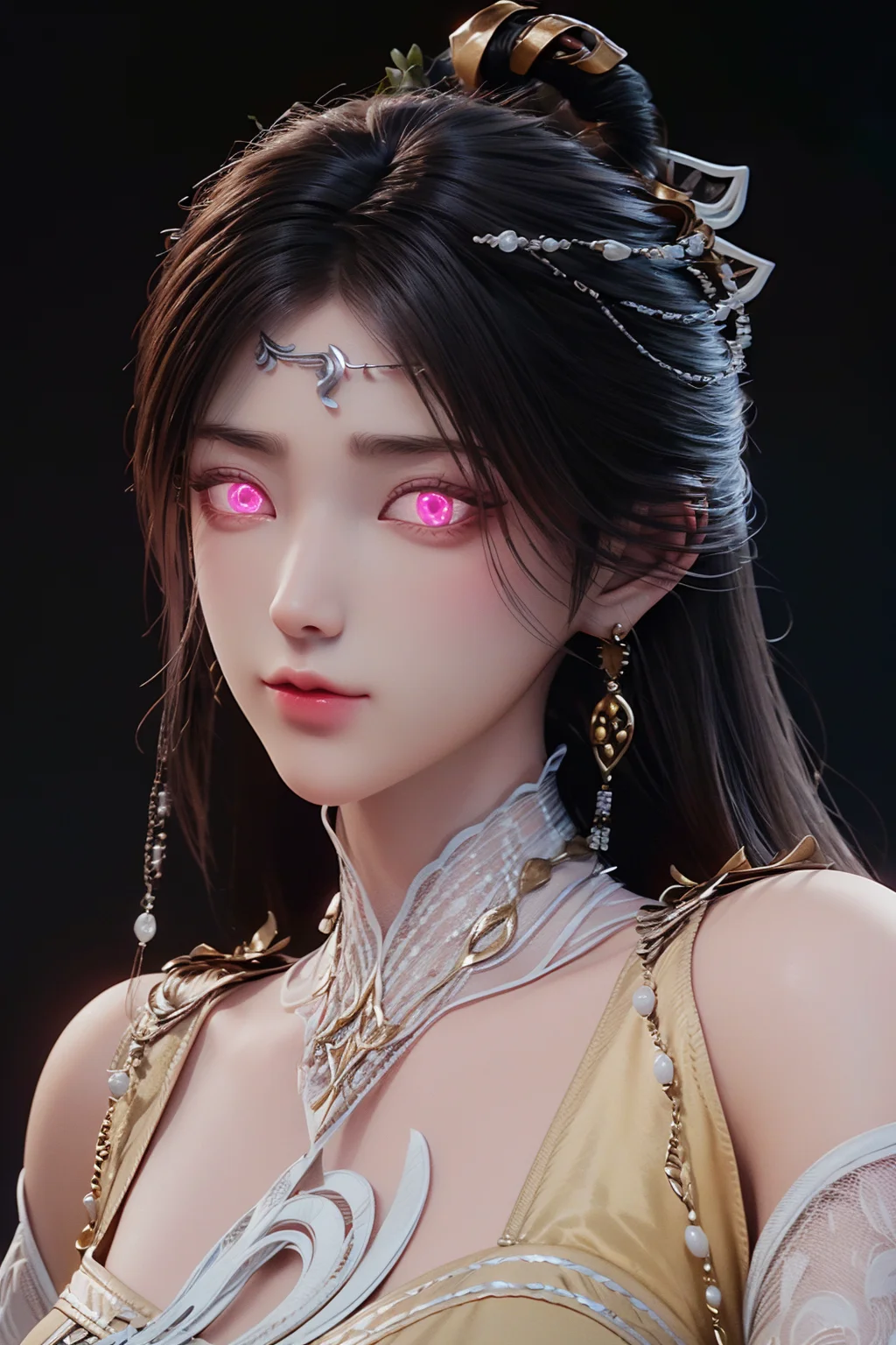 breathtaking <lora:jinpinger:1>,jinpinger,1girl,hair ornament,jewelry,earrings,solo,black hair,forehead mark,facial mark,long hair,looking at viewer,dress,yellow dress,closed mouth,upper body,(simple background:1.7),bare shoulders,beads,(black background:1.6),
charm,(pink eyes:1.4),((glowing)),(glowing eyes:1.4),<lora:Add More Detailsç»èè°æ´:0.2>,, best quality , masterpiece, illustration, an extremely delicate and beautiful, extremely detailed ,CG,unity,8k wallpaper, Amazing, finely detail, masterpiece, best quality,official art,extremely detailed CG unity 8k wallpaper,absurdres, incredibly absurdres, huge filesize , ultra-detailed, highres, extremely detailed,beautiful detailed girl, extremely detailed eyes and face, beautiful detailed eyes,light on face, . award-winning, professional, highly detailed