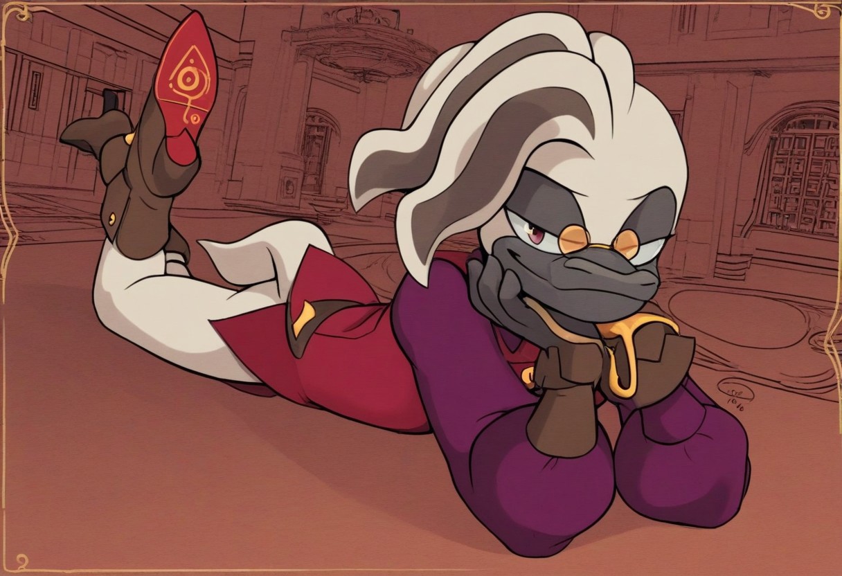 1boy, detail background, solo, male, anthro, broad shoulders, art deco apartment, on stomach, looking at viewer, close-up, smile, hands on chin, upper body, dynamic angle, Doctor Starline, slender, pince-nez, webbed brown glove, glove on the left hand, Warp Topaz, purple shirt with golden cufflinks, red-violet vest, brown boots with golden buckles, red-violet soles, medium-high heels, Heel Spur, upward-turned pointy toes,