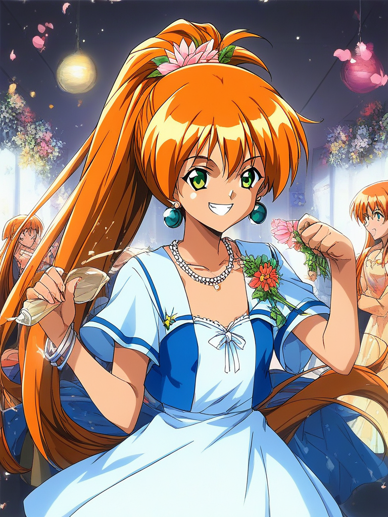 score_9, score_8_up, score_7_up, source_anime, rating_explicit, BREAK  <lora:Akai_Homura_XL:1> Akai_Homura, very long hair, green eyes, orange hair,
dress, earrings, jewelry, flower,  1girl, ponytail, solo focus, smile
room, party venue,