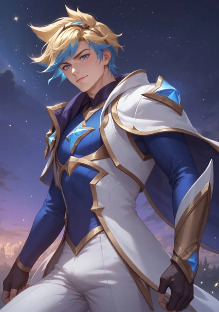 safe_pos, Score_9, Score_8_up, Score_7_up, Star Guardian Ezreal, 1boy, solo, masculine, male focus, handsome, mischievous smirk, looking down at viewer, multicolored hair, blonde hair, blue hair, blue eyes, perfect eyes, muscular, white jacket, white pants, bulge, gloves, star guardian (league of legends), dynamic action, dynamic image, blush, foreshortening,
starry night, streaked sky, anime, (masterpiece:1.35), (very aesthetic, best quality:1.3), detailed shading, detailed skin, realistic shading, highly detailed, intricate details, masterful composition, cinematic lighting, Expressiveh