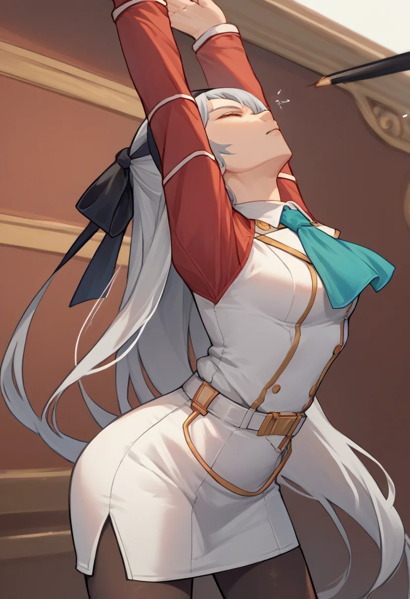 score_9, score_8_up, score_7_up, source_anime, solo, 1girl, zeroElie, cammystretch, stretching, arms up, standing, black hairband, hair ribbon, long hair, grey hair, closed eyes, ascot, uniform, long red sleeves, white dress, pencil skirt, belt, pantyhose <lora:elie-pdxl-nvwls-v1:1> <lora:pose_cammystretch_ponyXL:1>