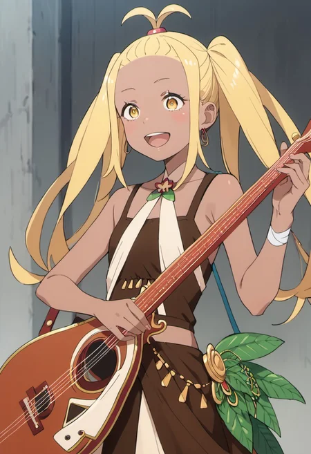 score_9, score_8_up, score_7_up, source_anime,liliana masquerade, long hair, blonde hair, dark skin, dark-skinned female, twintails, yellow eyes, 1girl, solo, instrument, forehead, open mouth, jewelry, smile, guitar, blush, tan