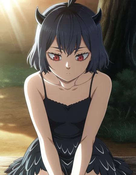 <lora:Secre Illu:1>1girl solo,
secr3, short hair, red eyes, black hair, black horns,
black sleeveless dress, short dress, spaghetti strap, feathered skirt,
outdoors, sunlight, straight-on, sitting,
anime screencap,
<lora:cfg_scale_boost:1>, masterpiece, best quality, amazing quality